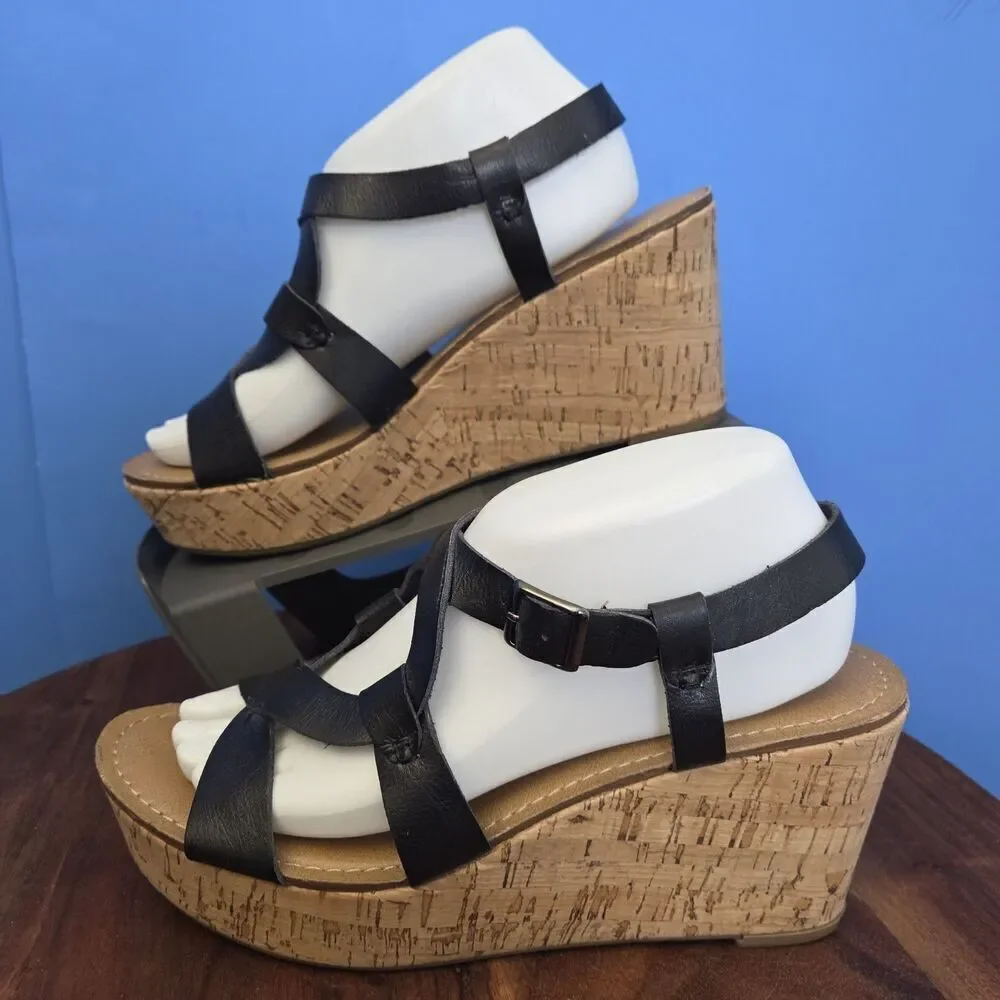 G.H. Bass & Co Garland Black Leather Wedge Cork Heel Sandals Womens 8M